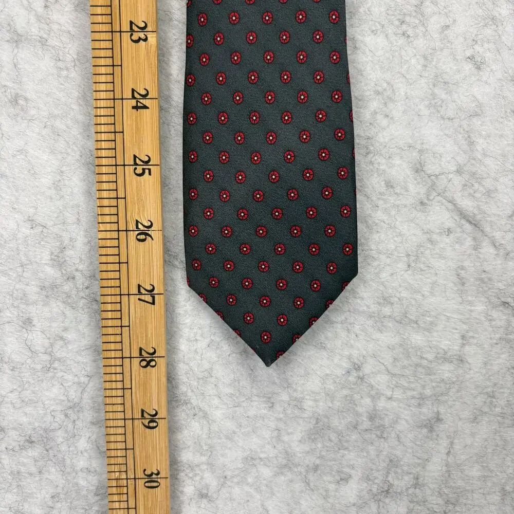 Milano Mens Silk Tie Vintage 1990s Charcoal Gray Red Geometric Medallion